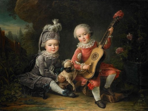 eighteenth century Dutch painting of two children, a string instrument and a pug. 